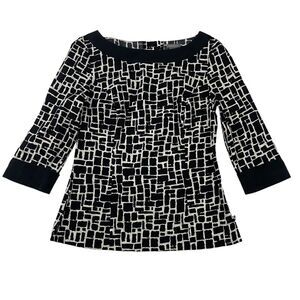 Ann Taylor Black White Geometric Print Blouse Boat Neck Side Zip Back Buttons 4